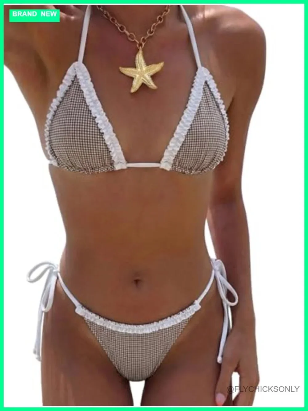 Two Piece String Bikini Set Frill Trim Halter Triangle Top Thong Tie Side